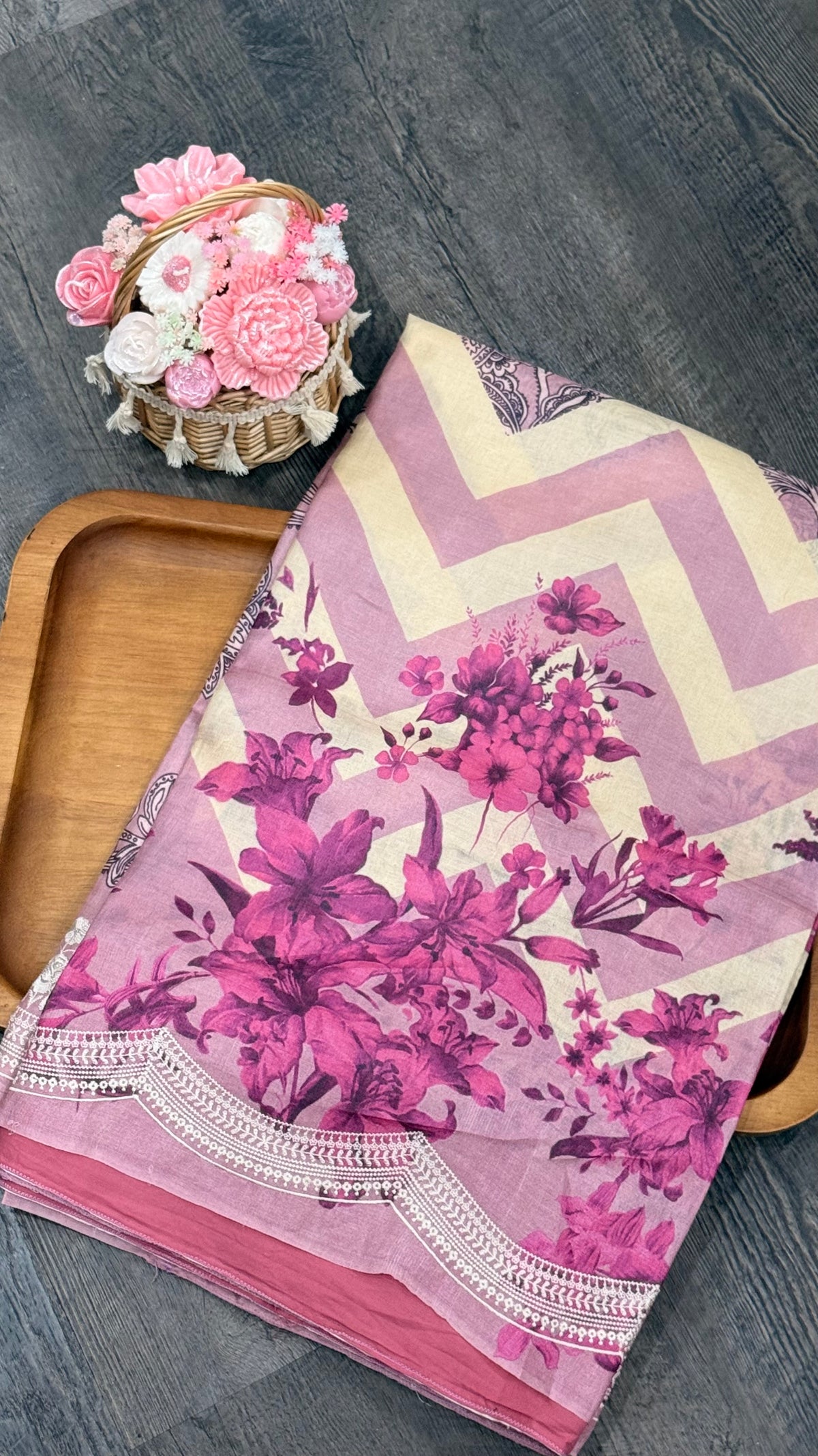 Pure Tusser with digital print and machine embroidery