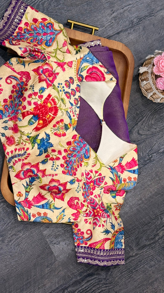 Fancy tissue with sabya style border and customised blouse