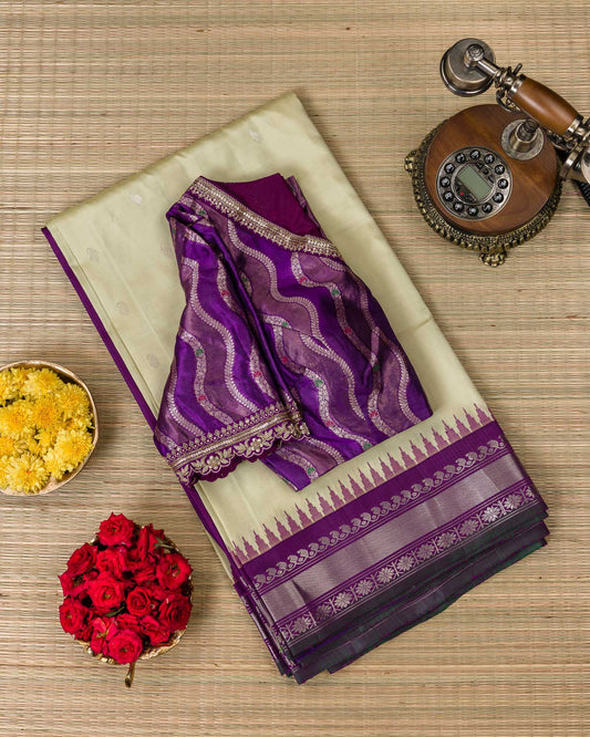 Mint Green & Purple Pure Gadwal Handloom with Banaras Blouse