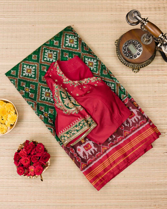 Green & Red Single Weave Patola Saree