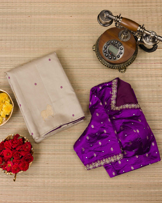 Soft Ivory & Purple 2gm Zari Kanjivaram with Maggam Blouse