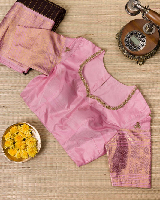 Brown & Blush Pink Pure Kanjivaram with Maggam Work Blouse