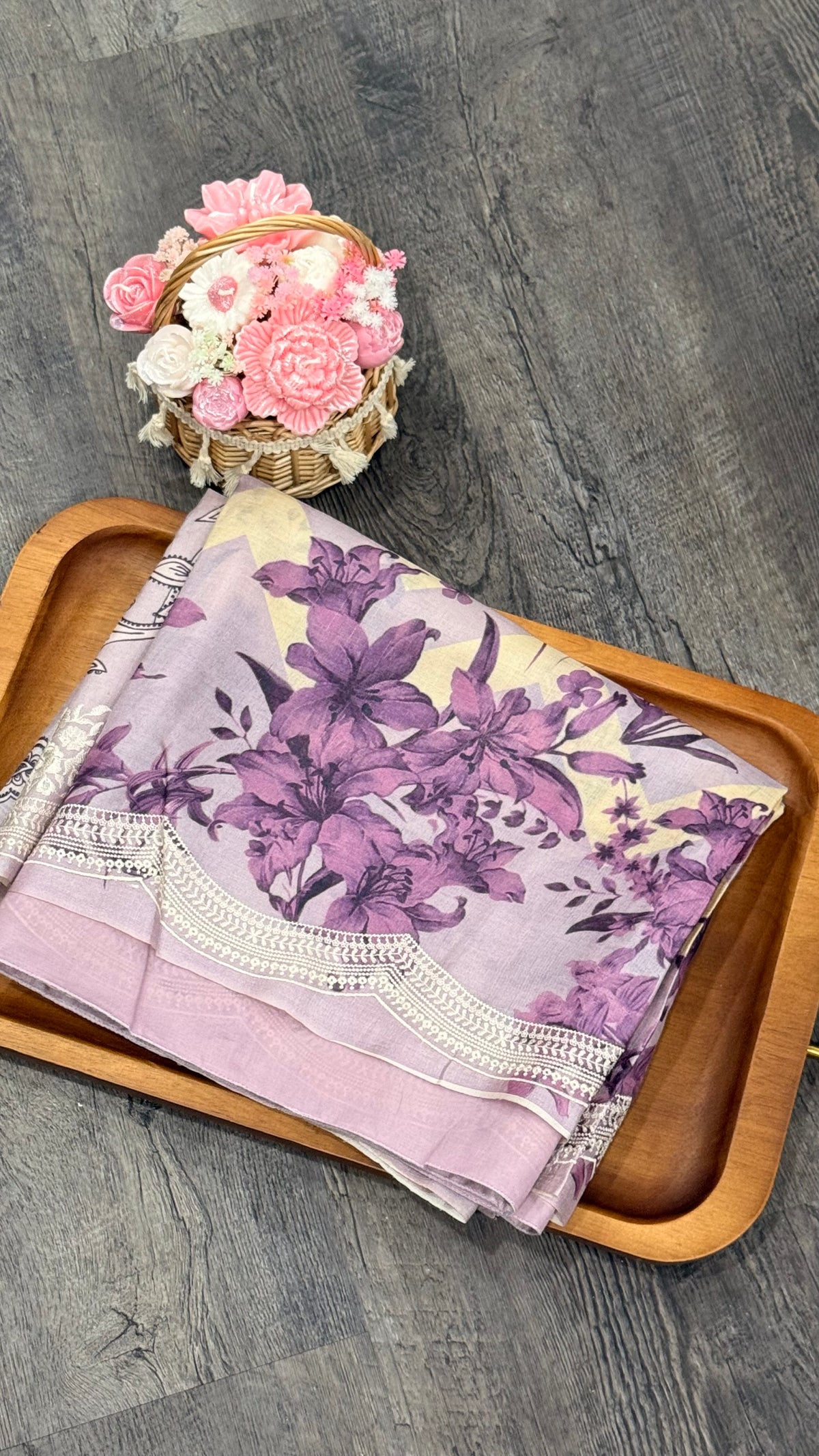 Pure Tusser with digital print and machine embroidery