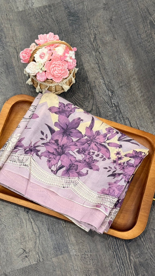Pure Tusser with digital print and machine embroidery