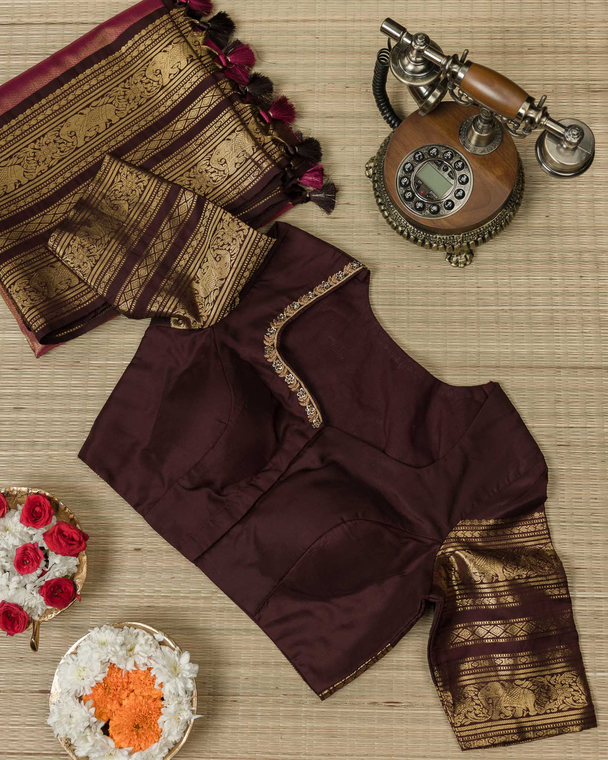 Magenta Pink & Deep Brown Pure Kanjivaram with Maggam Work Blouse
