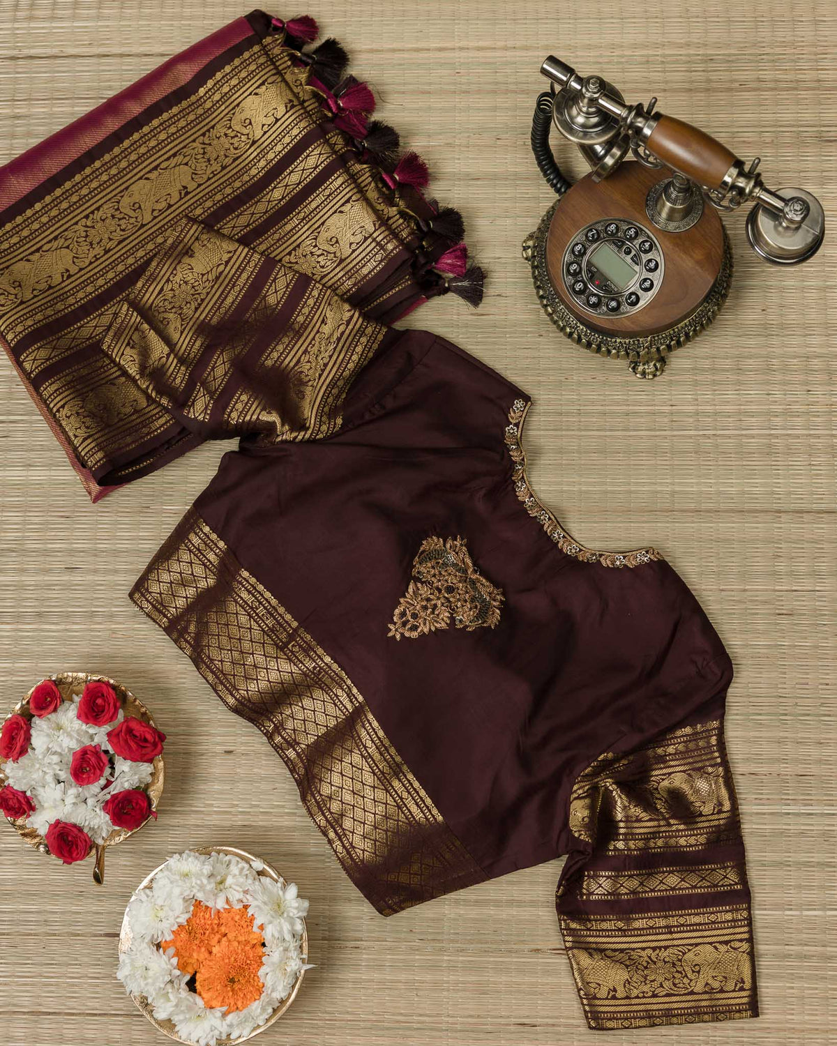 Magenta Pink & Deep Brown Pure Kanjivaram with Maggam Work Blouse