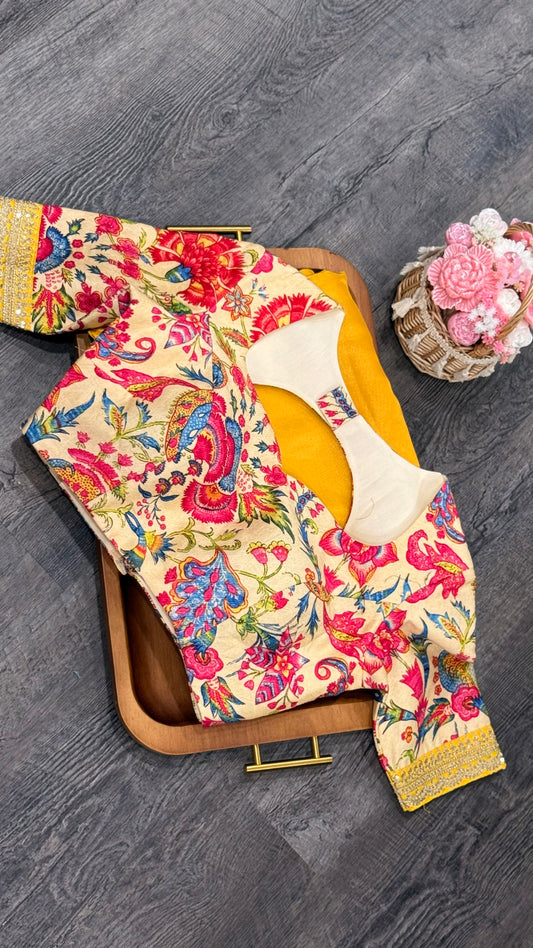 Fancy tissue with sabya style border and customised blouse