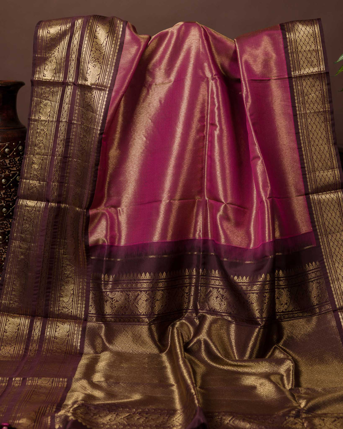 Magenta Pink & Deep Brown Pure Kanjivaram with Maggam Work Blouse