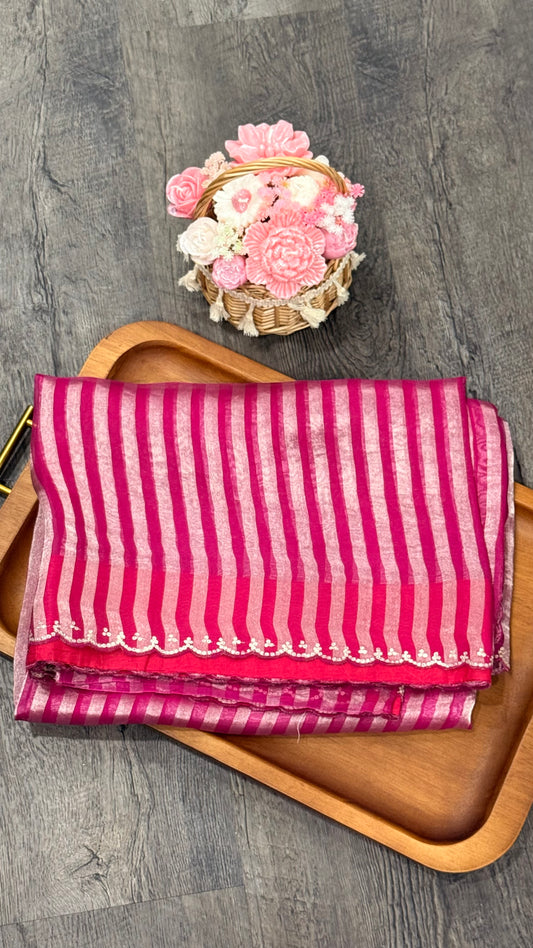 Chinya silk with vertical stripes and customised blouse with pure paithani border