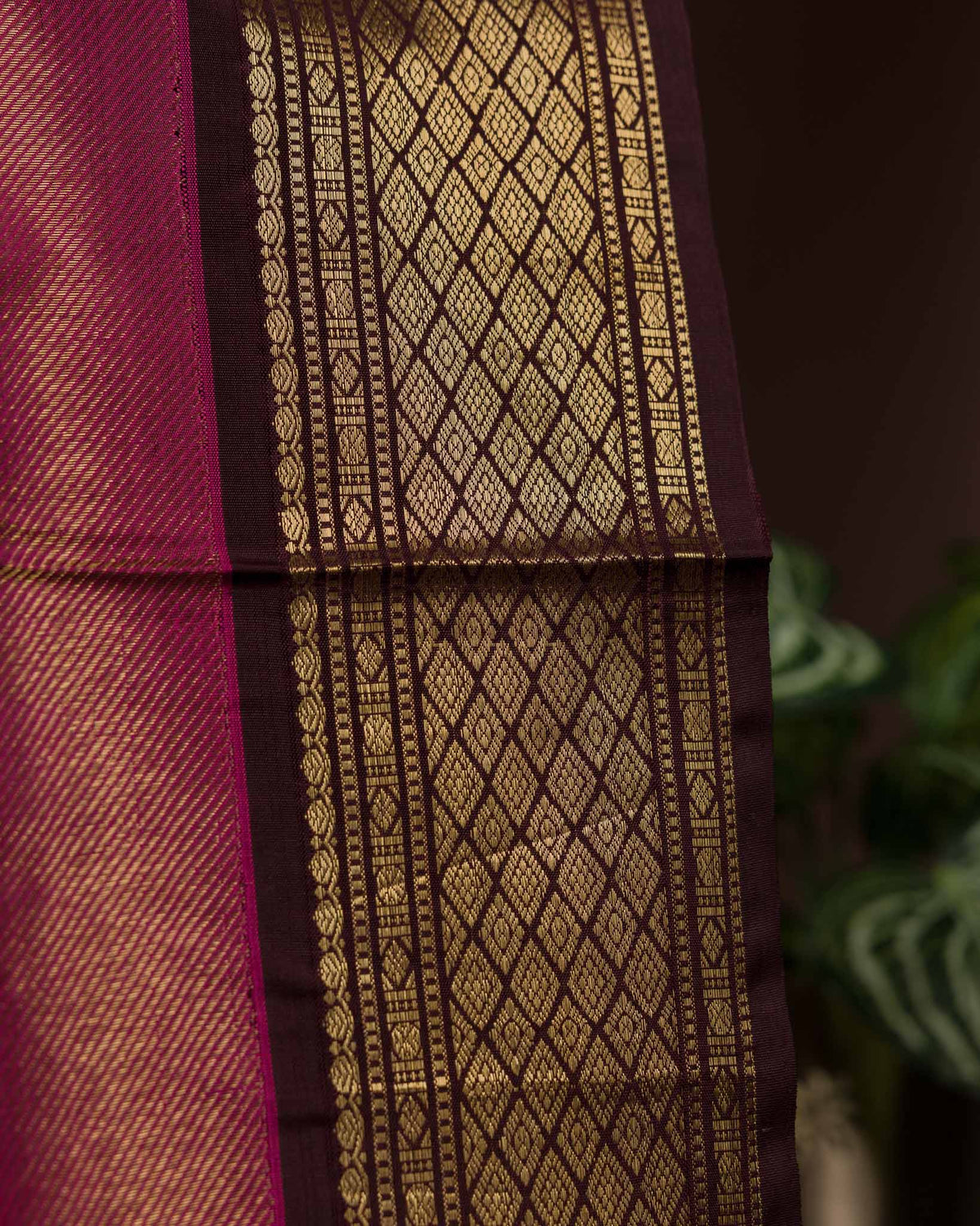 Magenta Pink & Deep Brown Pure Kanjivaram with Maggam Work Blouse