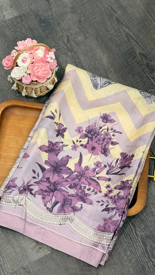 Pure Tusser with digital print and machine embroidery