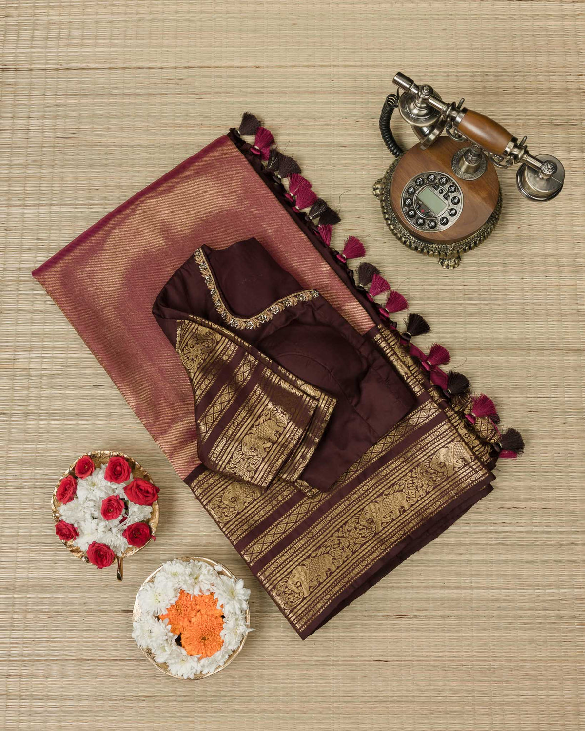 Magenta Pink & Deep Brown Pure Kanjivaram with Maggam Work Blouse