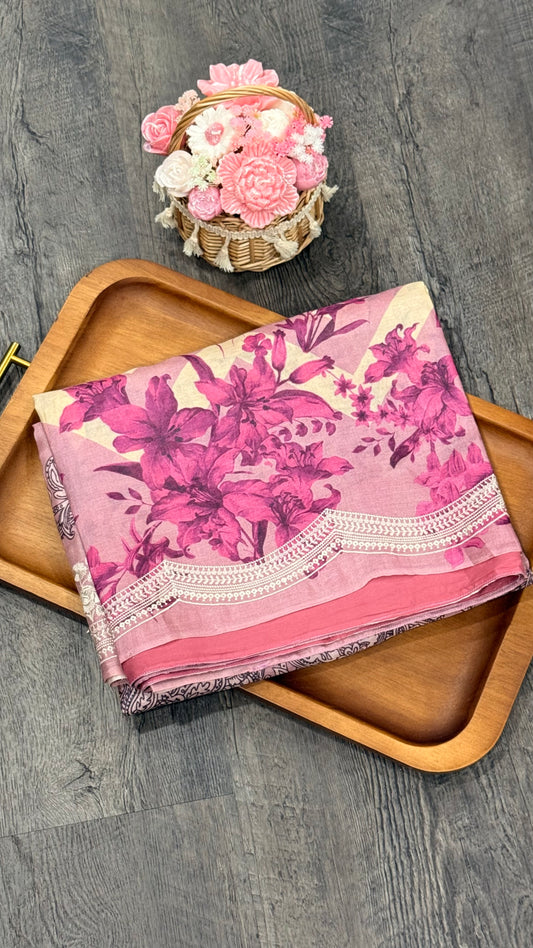 Pure Tusser with digital print and machine embroidery