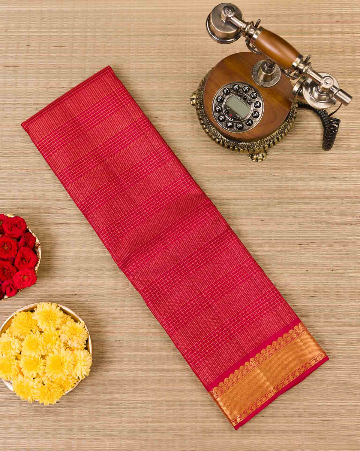 Pure kanjivaram with zari stripes in montone red