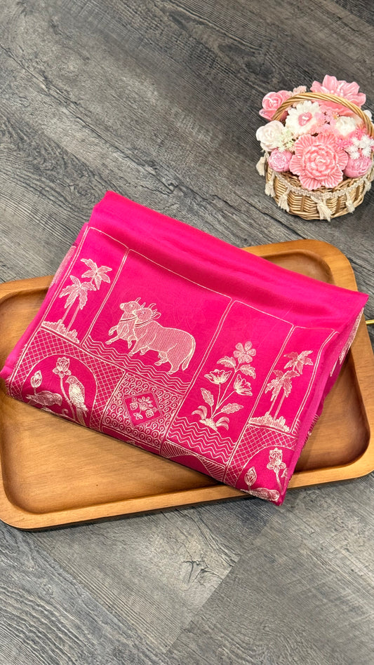 Pure organza with pichwai embroidery in ombré pattern