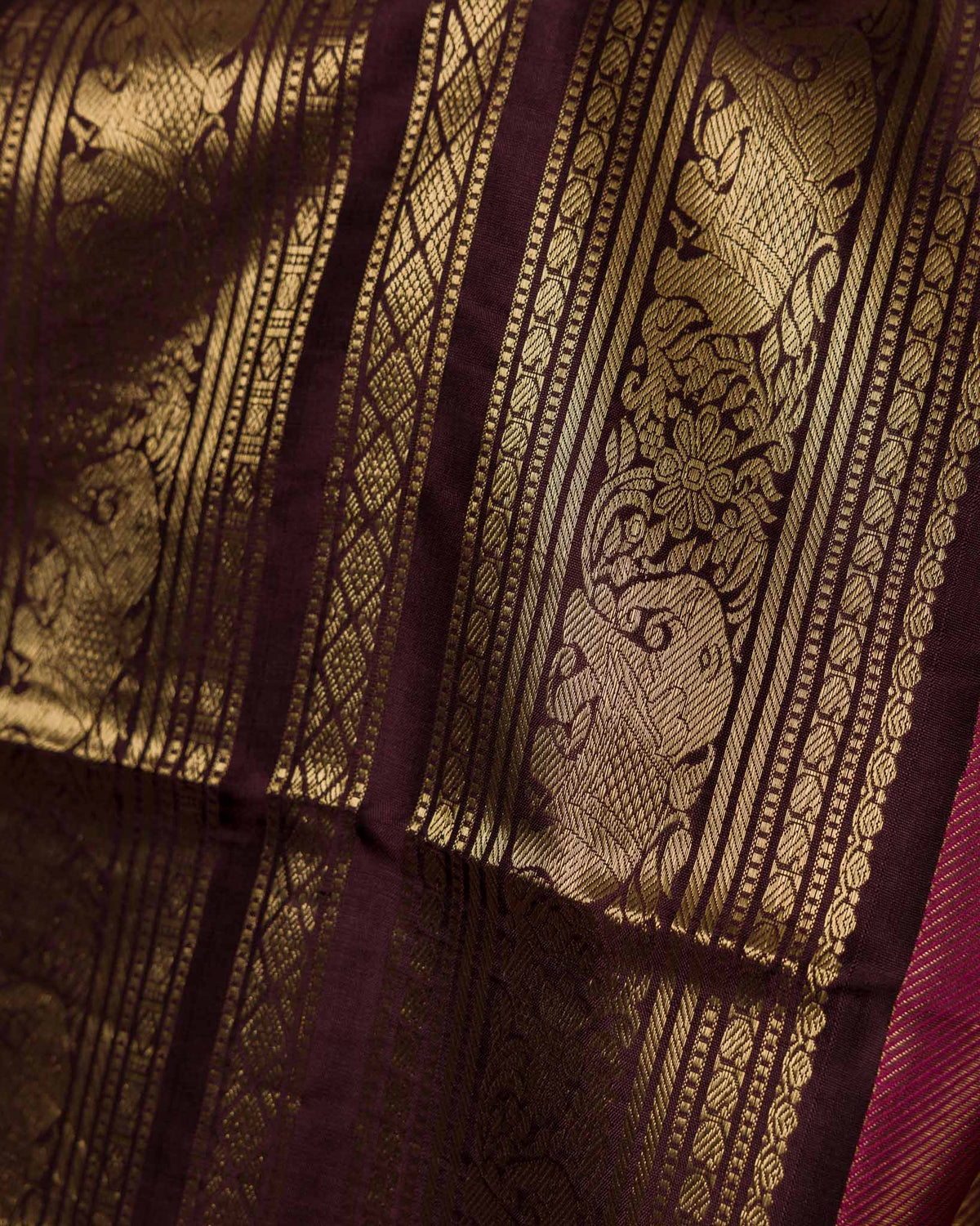 Magenta Pink & Deep Brown Pure Kanjivaram with Maggam Work Blouse