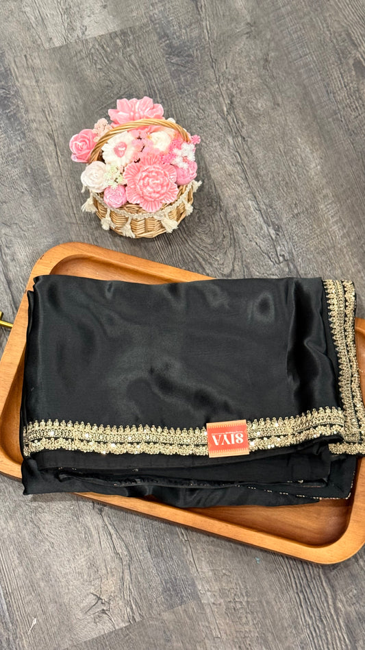 Satin crape in black with velvet blouse and sabya style border