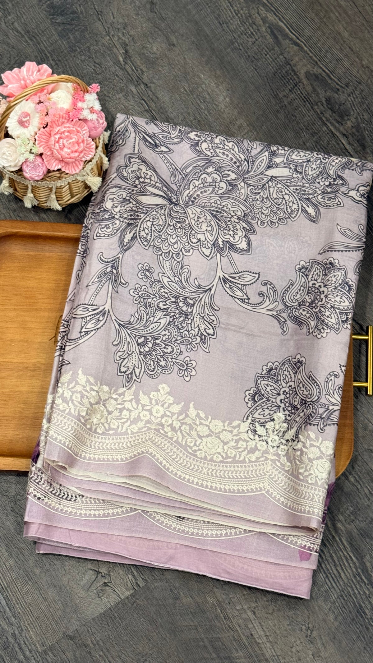 Pure Tusser with digital print and machine embroidery