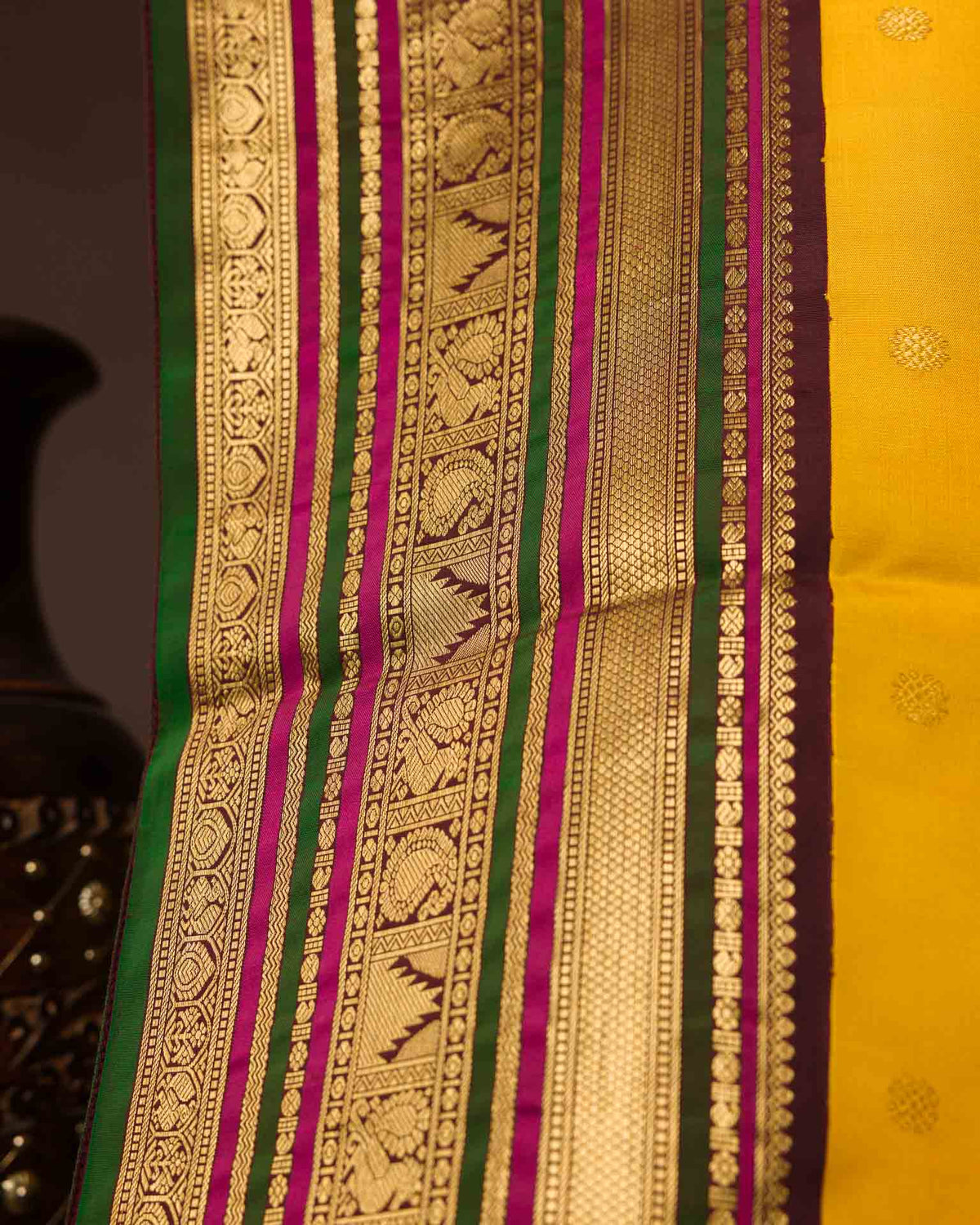 Pure korvai kanjivaram in yellow and maroon red