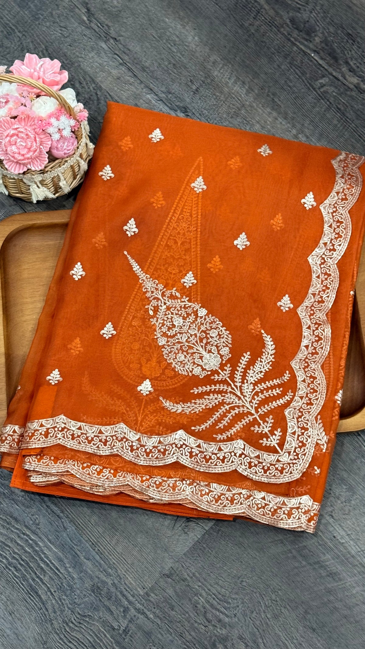 Glass tissue fancy saree in orange