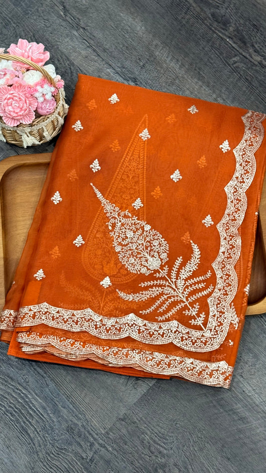 Glass tissue fancy saree in orange