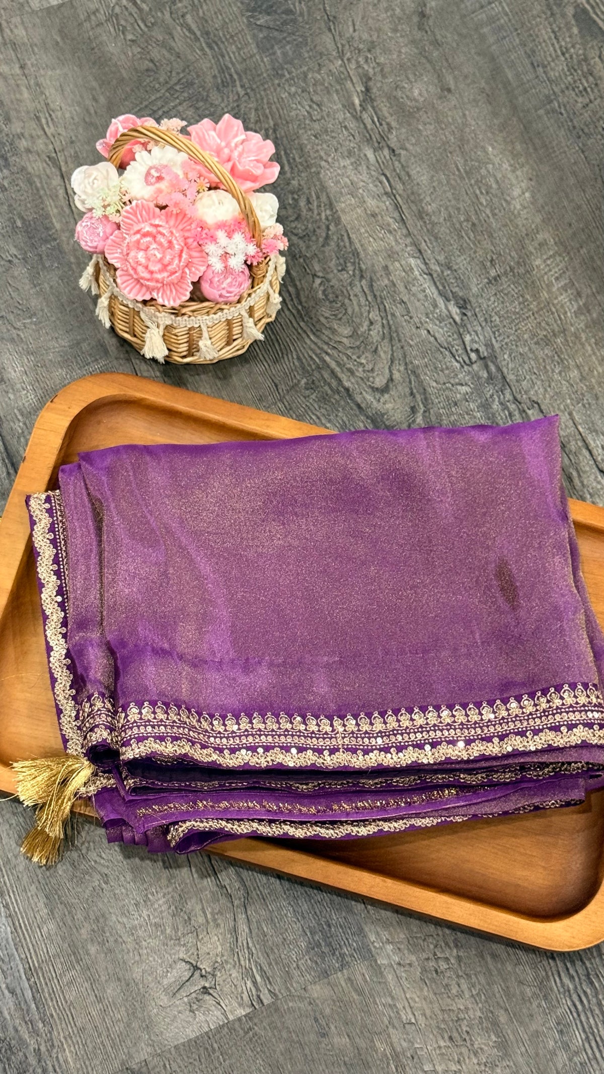 Fancy tissue with sabya style border and customised blouse