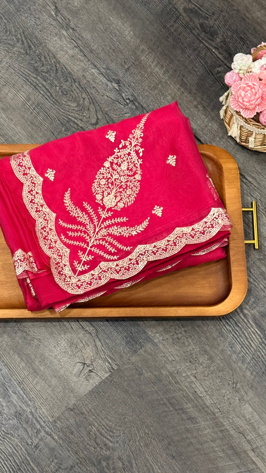Glass tissue fancy saree in hot pink