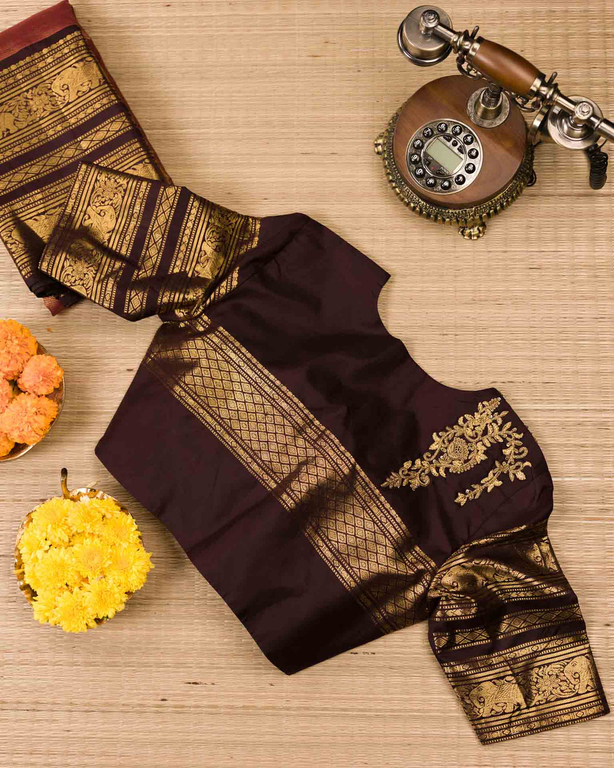 Pure Kanjivaram in rust orange and brown with twill weave