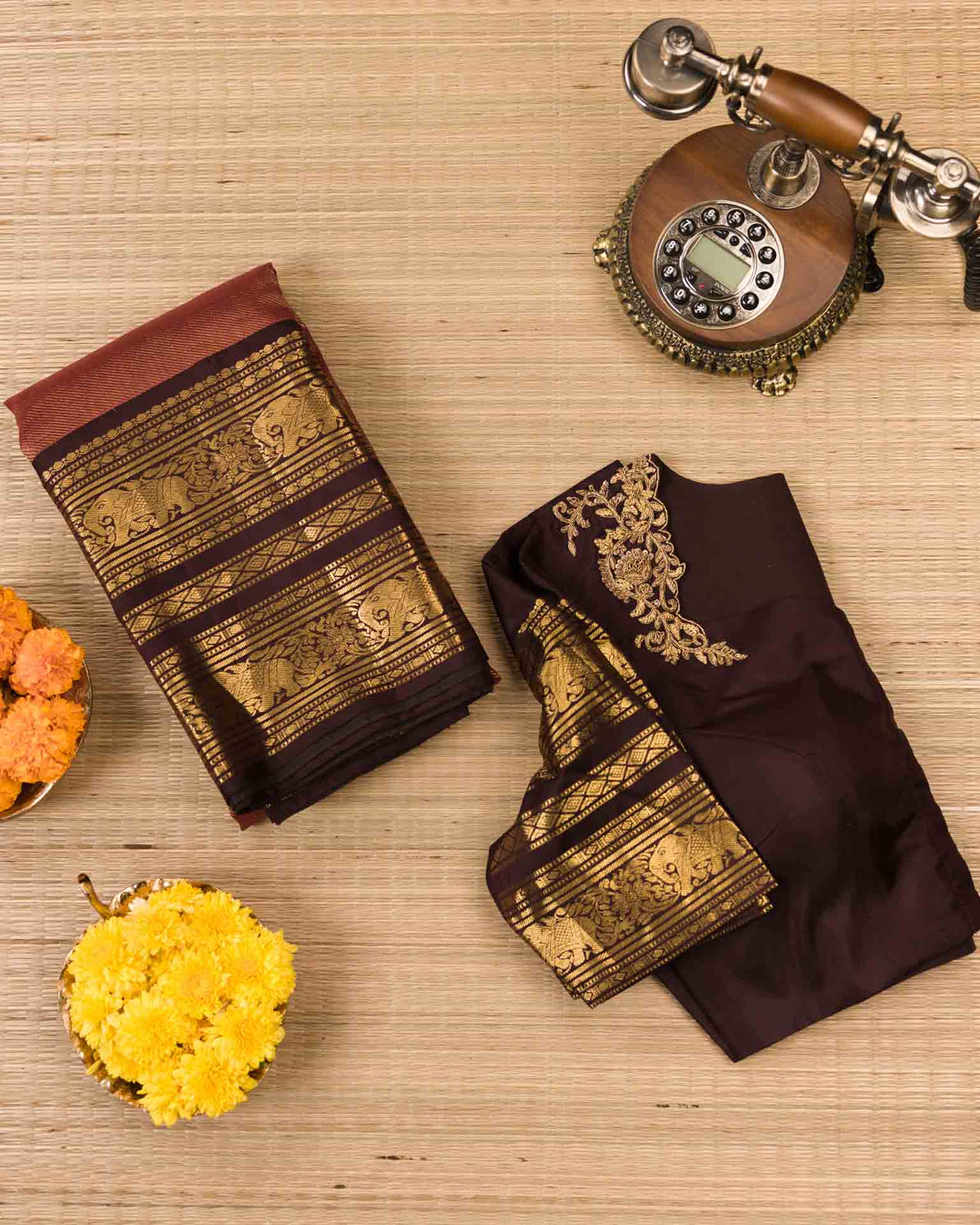 Pure Kanjivaram in rust orange and brown with twill weave
