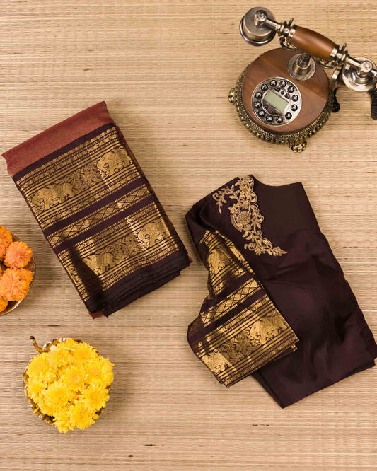 Pure Kanjivaram in rust orange and brown with twill weave