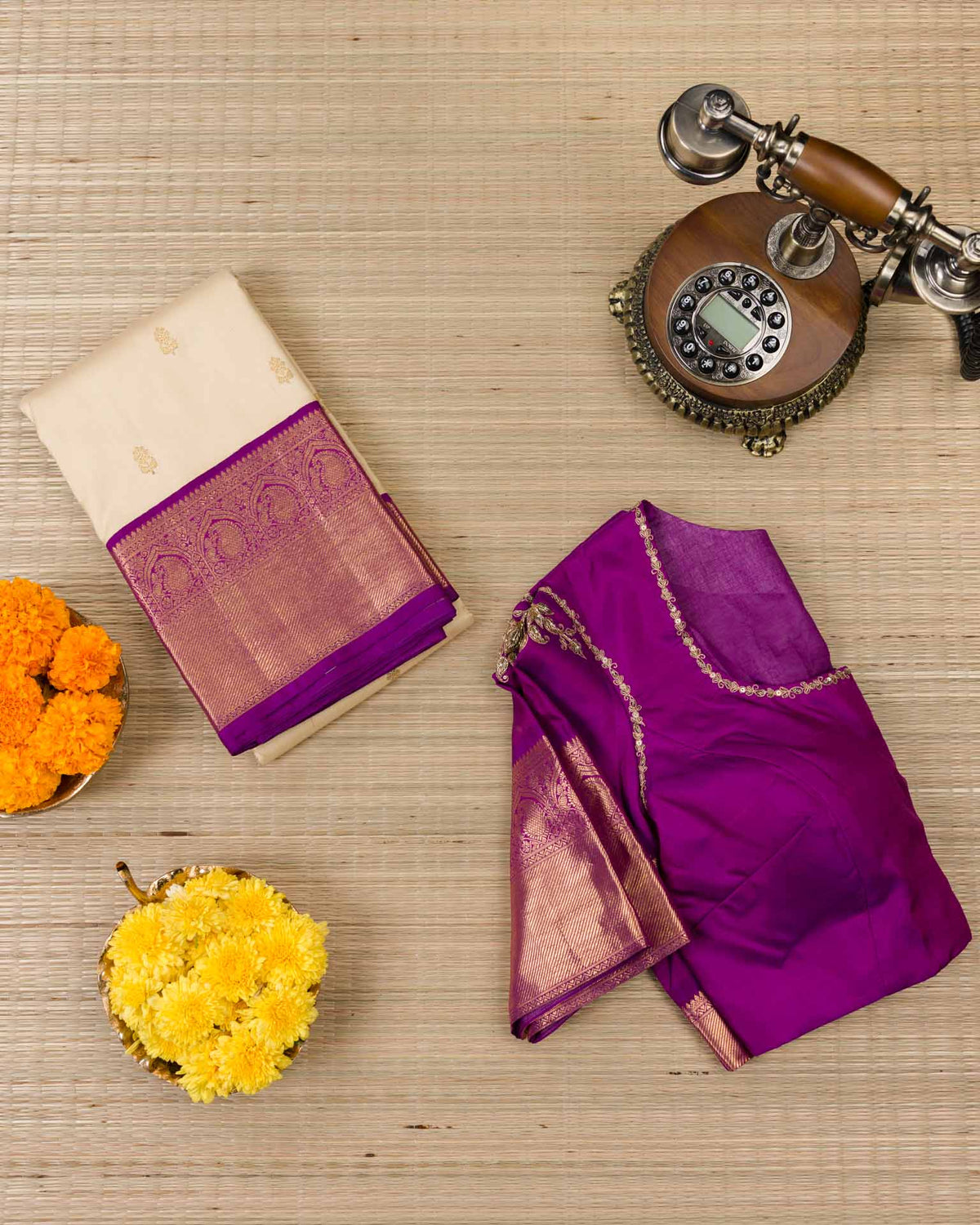 Pure 2gm kanjivaram in beige and purple