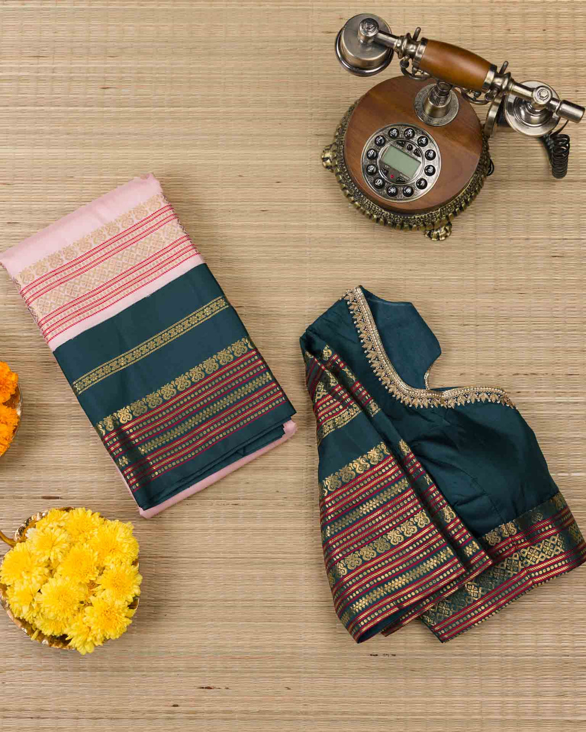 Pure real zari kanjivaram in 2gm in baby pink and peacock green
