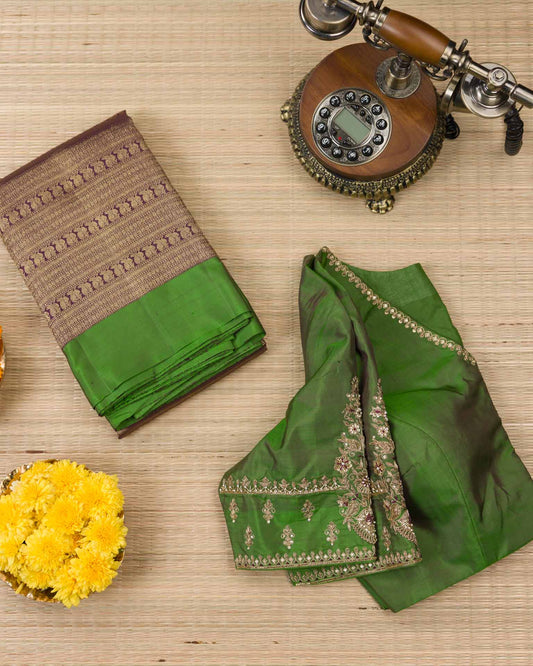 Pure kanjivaram with all over weave paired with Maggam work blouse