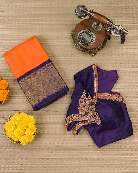 Pure real zari kanjivaram paired with raw silk Maggam work blouse