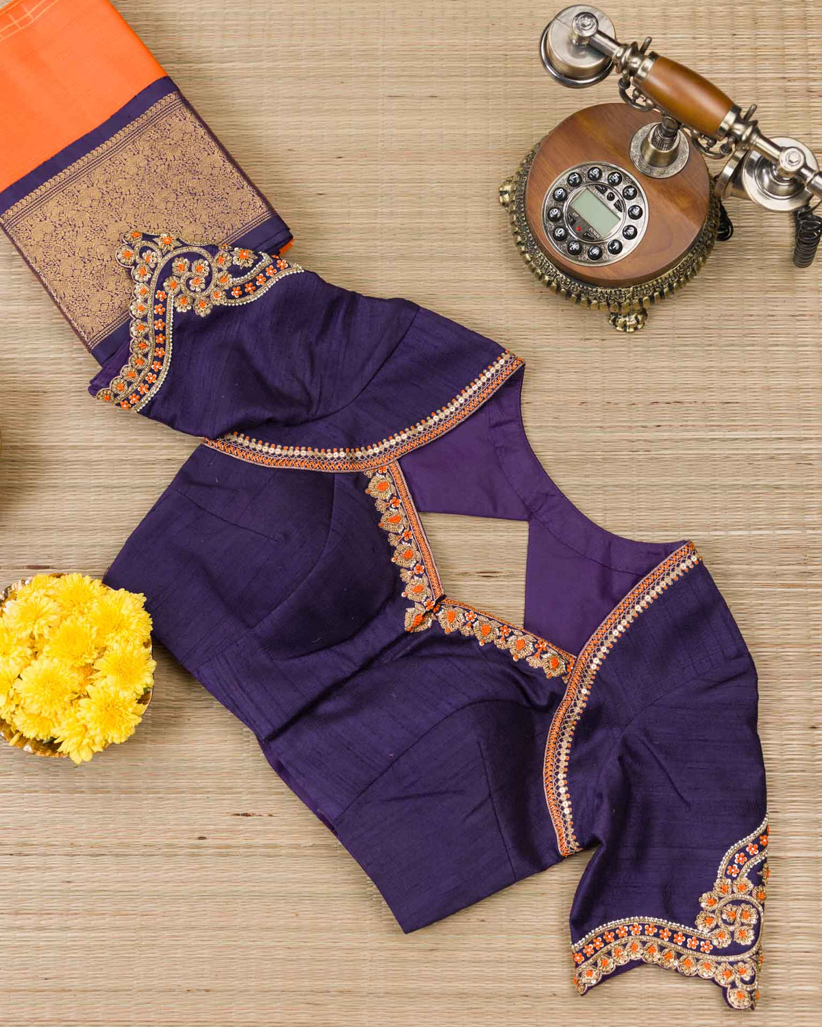 Pure real zari kanjivaram paired with raw silk Maggam work blouse