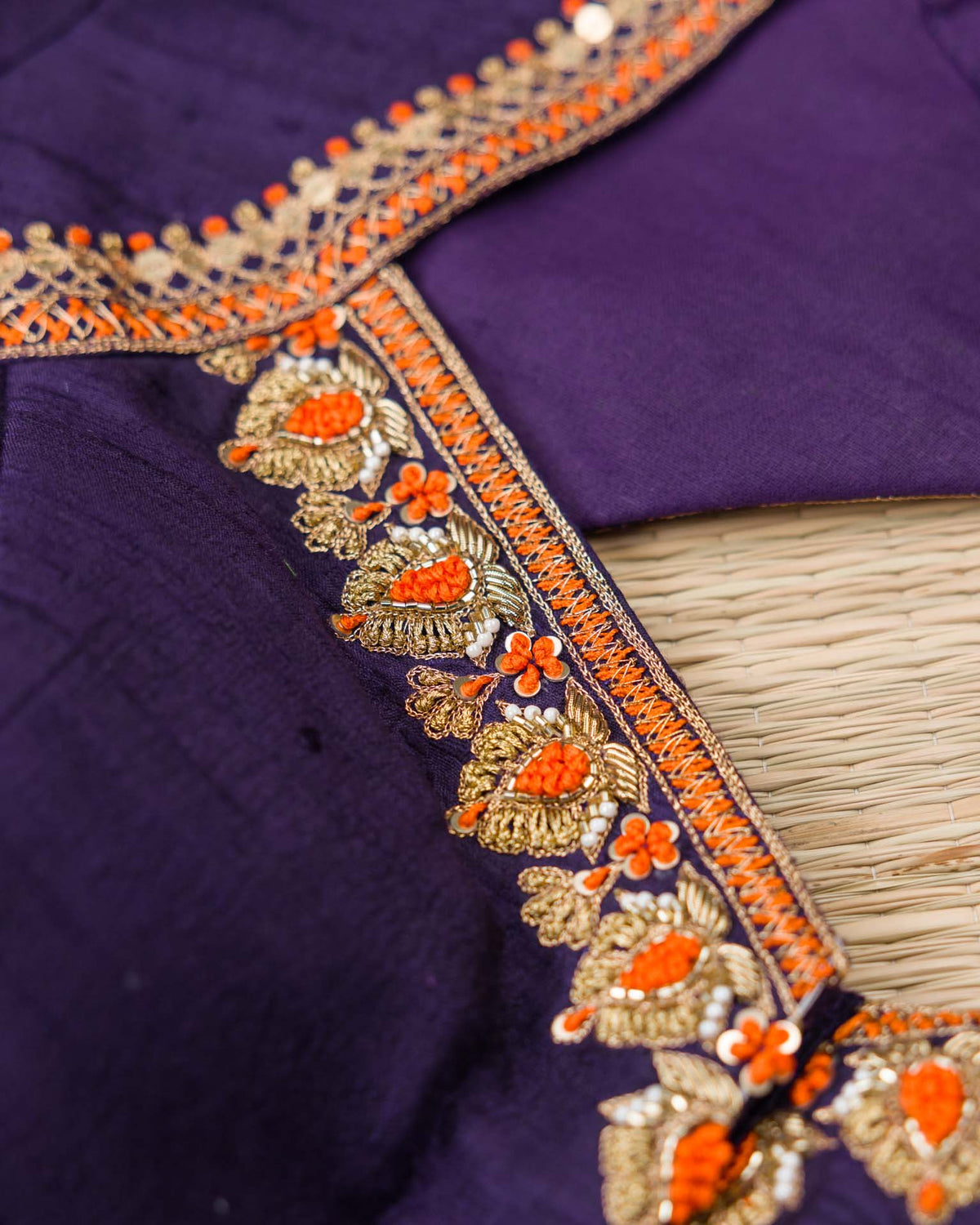Pure real zari kanjivaram paired with raw silk Maggam work blouse