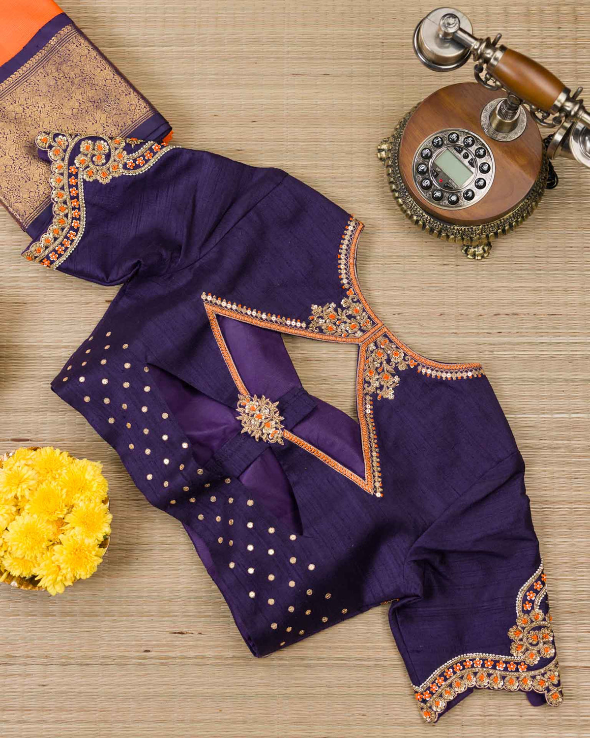 Pure real zari kanjivaram paired with raw silk Maggam work blouse