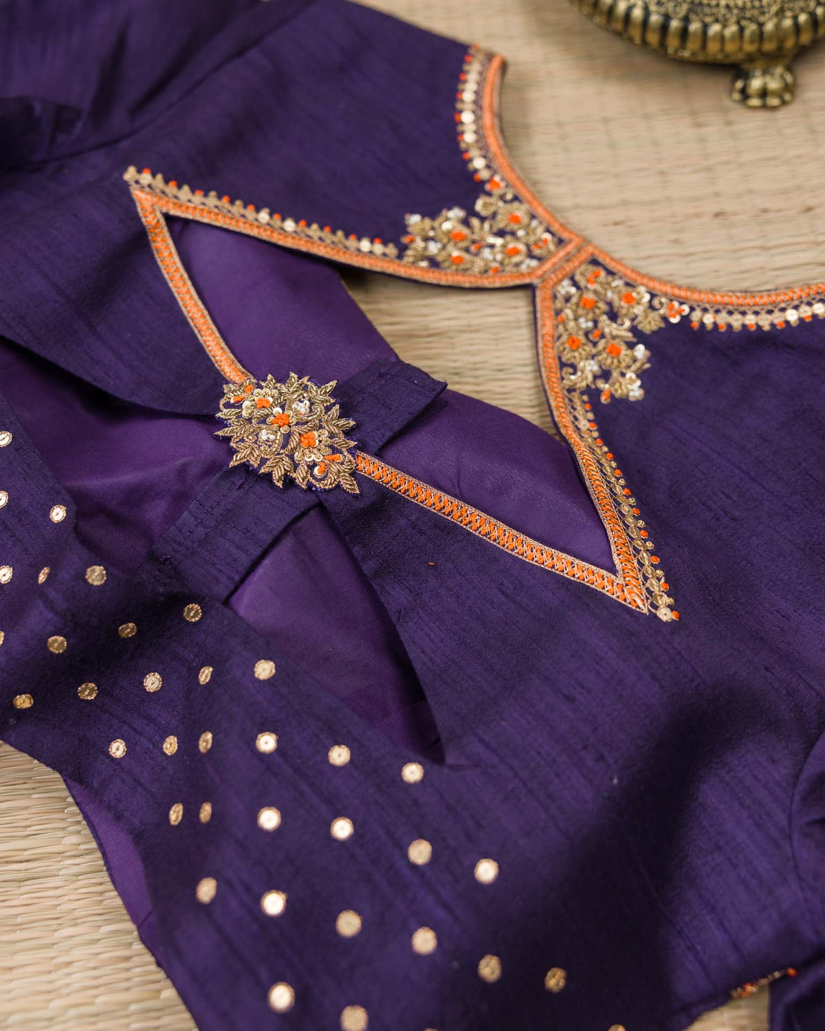 Pure real zari kanjivaram paired with raw silk Maggam work blouse