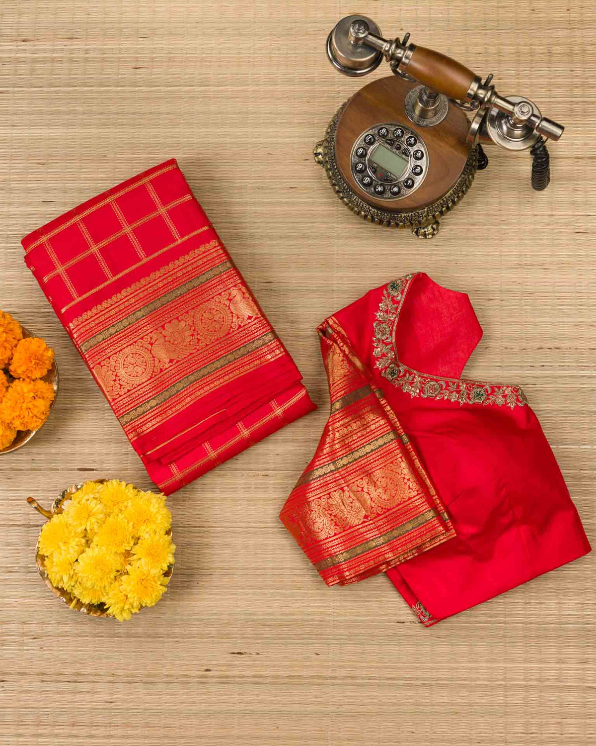Pure kanjivaram in bright red with Maggam work blouse