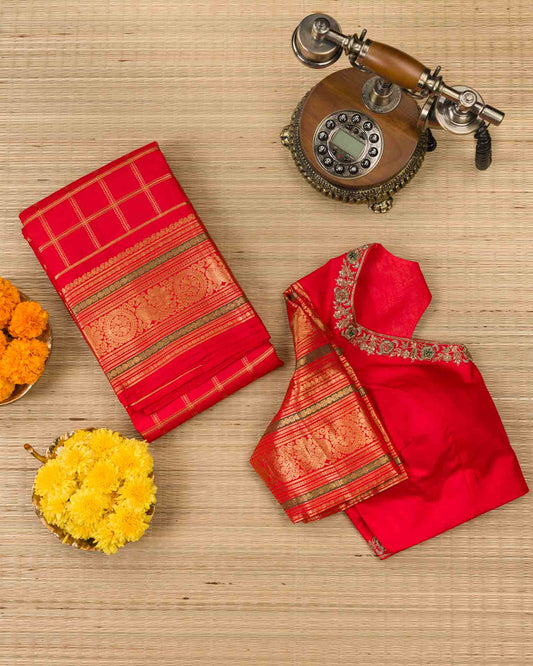 Pure kanjivaram in bright red with Maggam work blouse