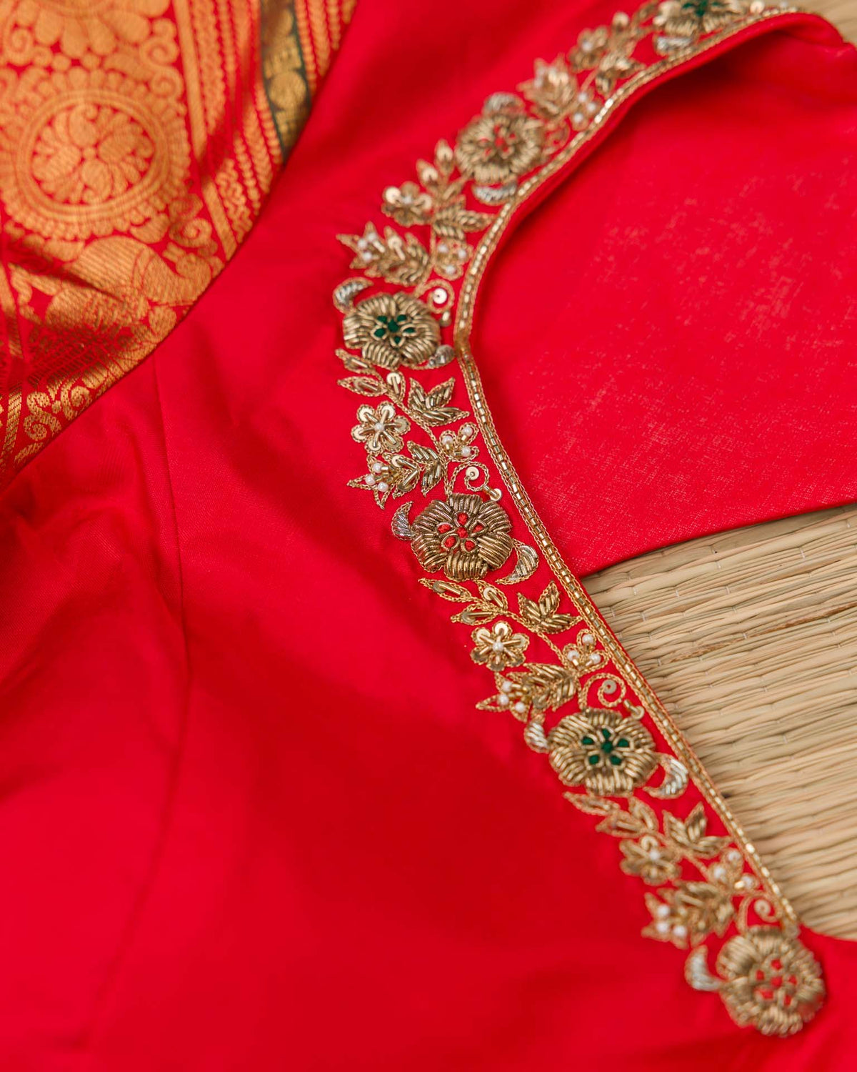 Pure kanjivaram in bright red with Maggam work blouse