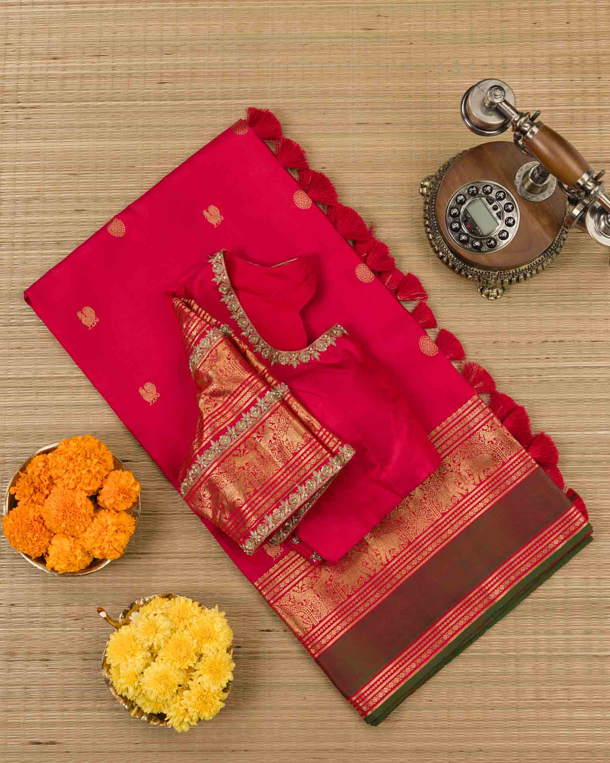 Pure kanjivaram in red with green Kora and Maggam work blouse