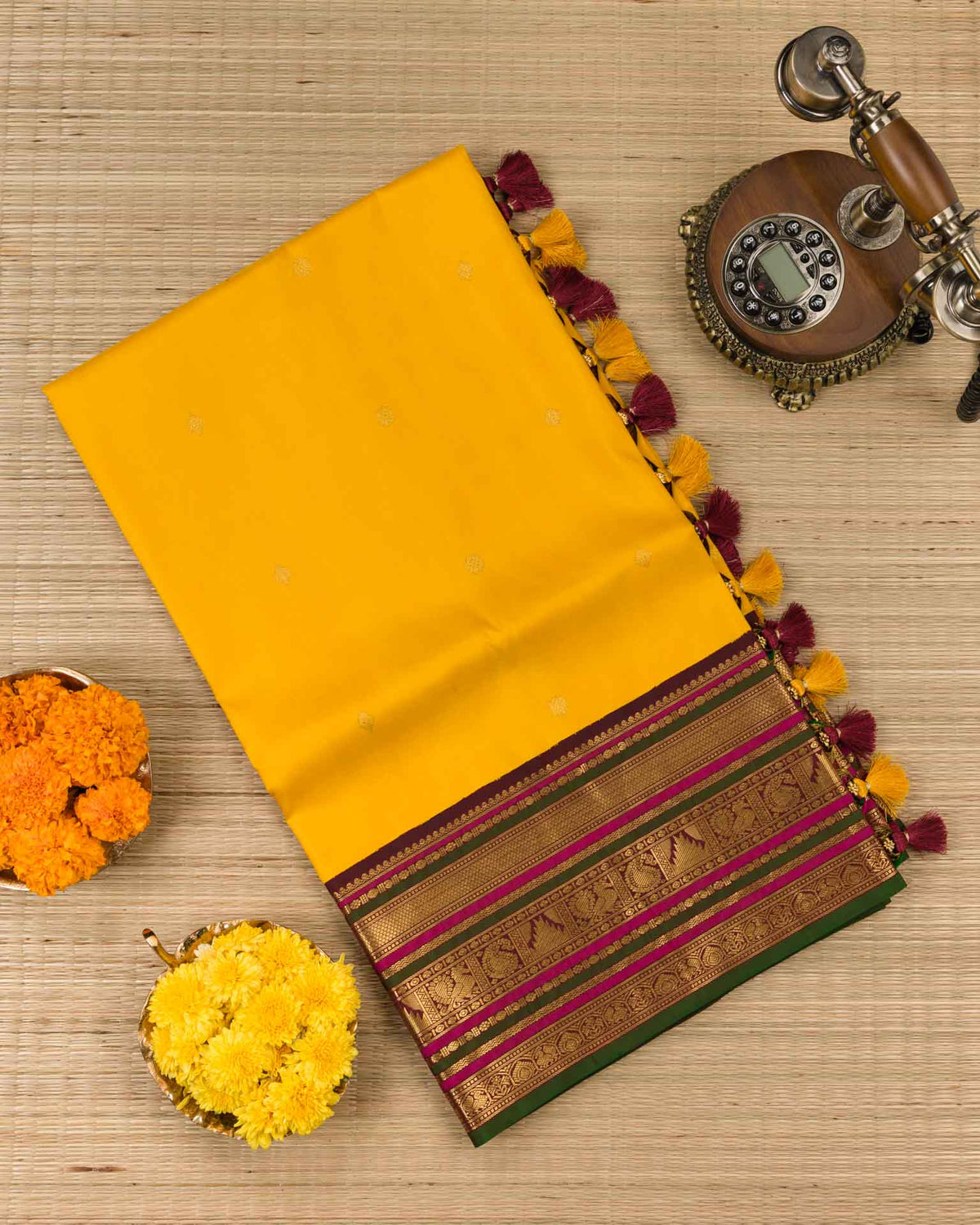Pure korvai kanjivaram in yellow and maroon red