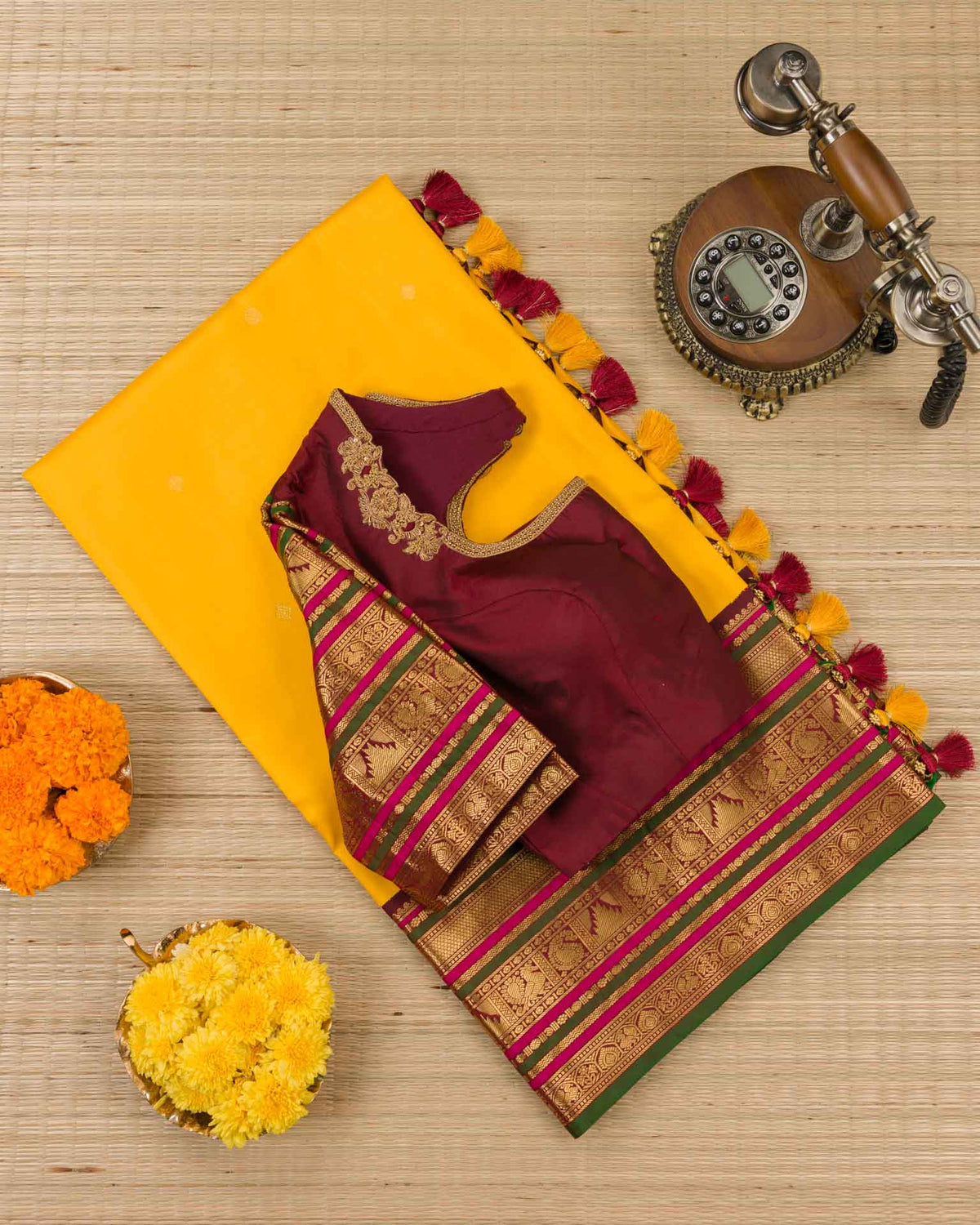 Pure korvai kanjivaram in yellow and maroon red