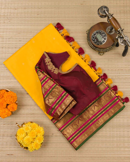 Pure korvai kanjivaram in yellow and maroon red