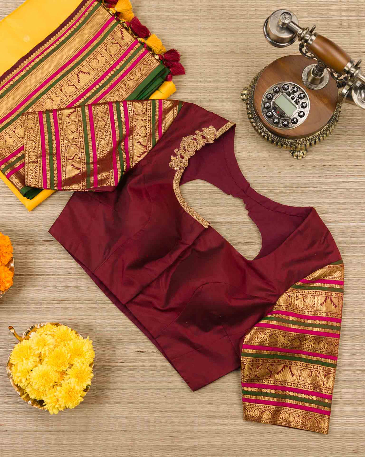Pure korvai kanjivaram in yellow and maroon red
