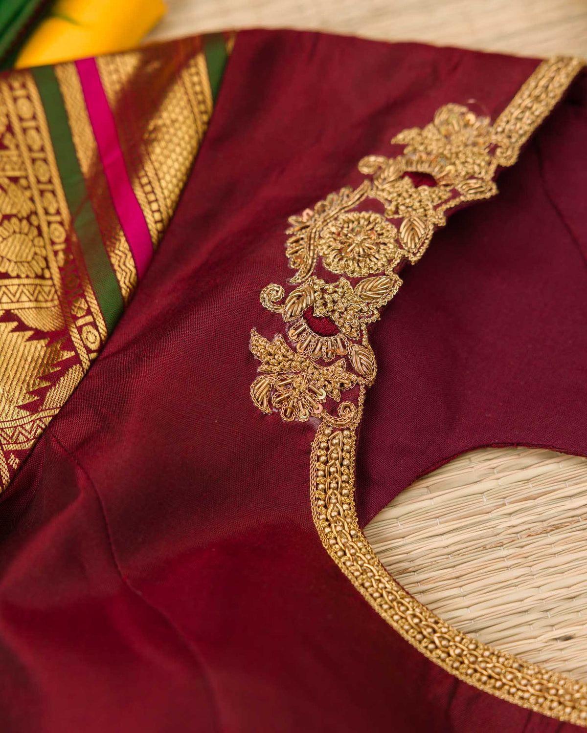 Pure korvai kanjivaram in yellow and maroon red