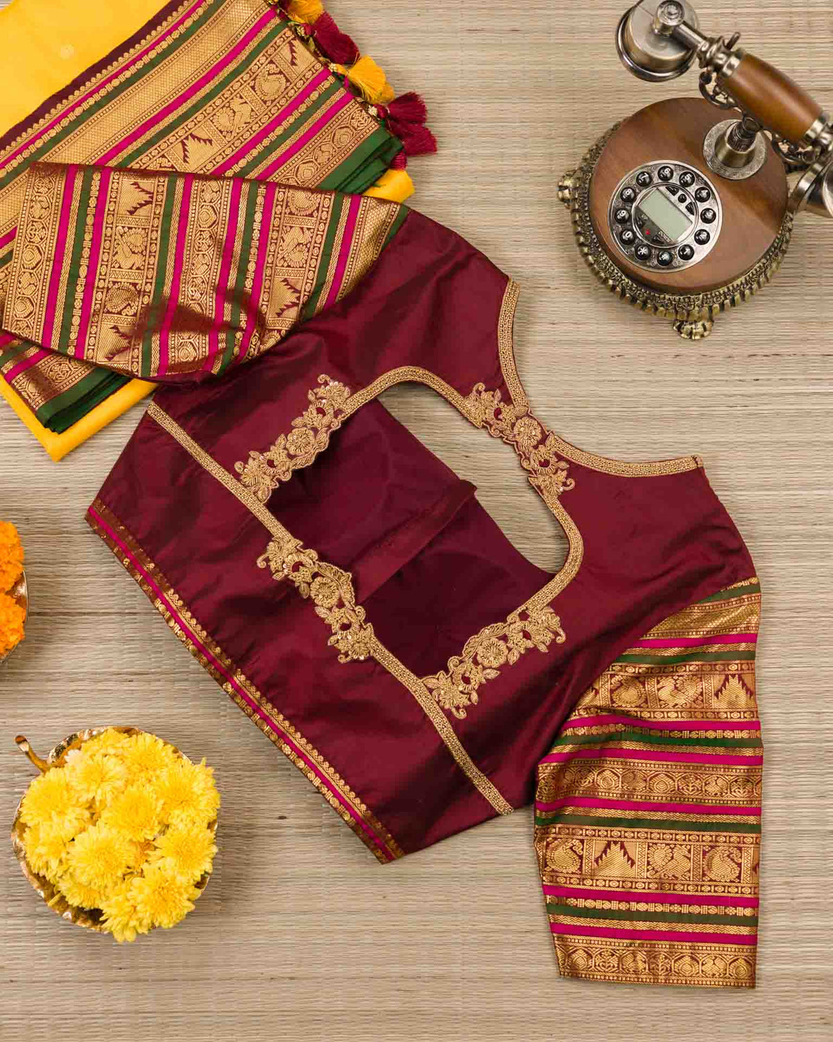 Pure korvai kanjivaram in yellow and maroon red