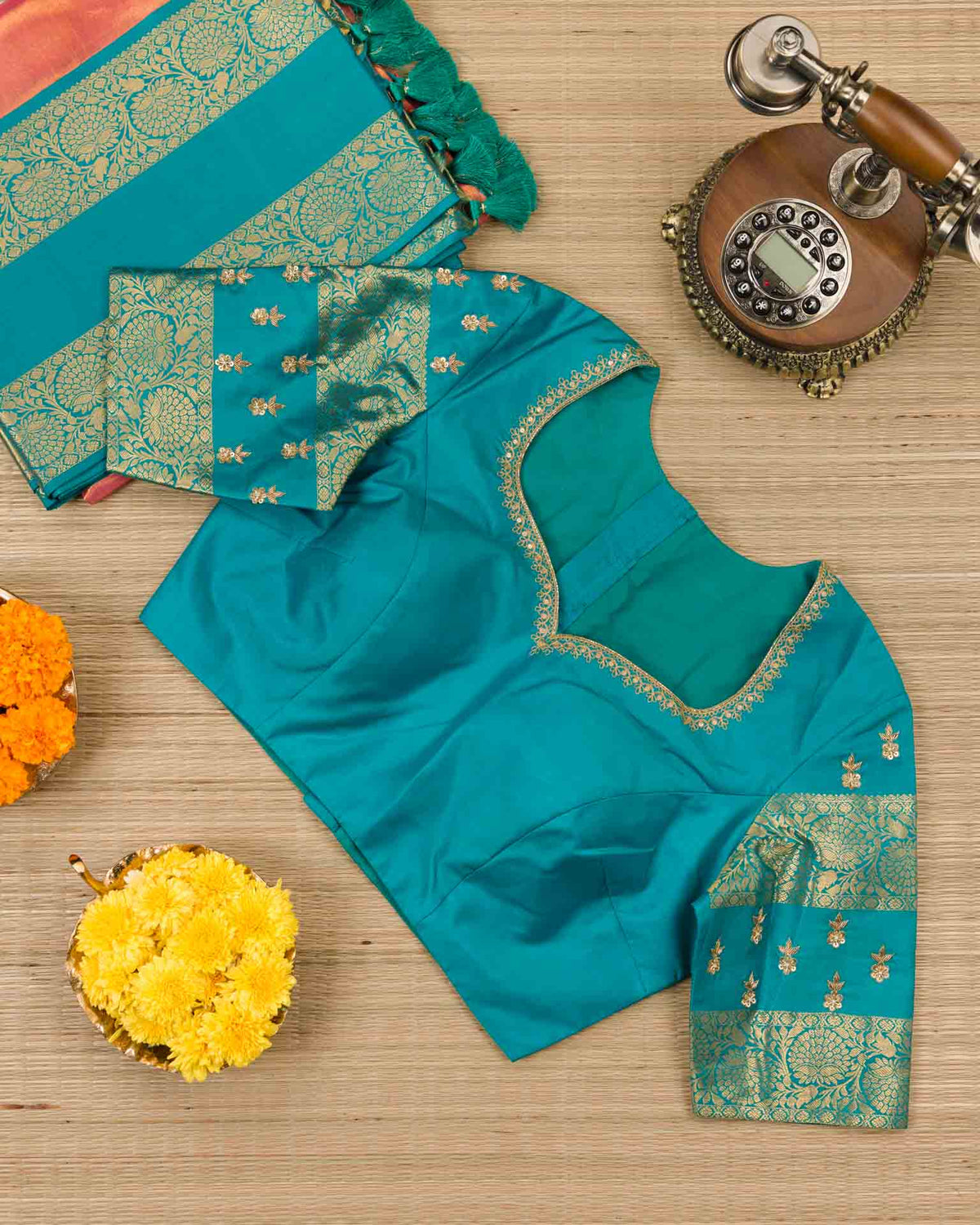 Pure tissue kanjivaram with Maggam work blouse