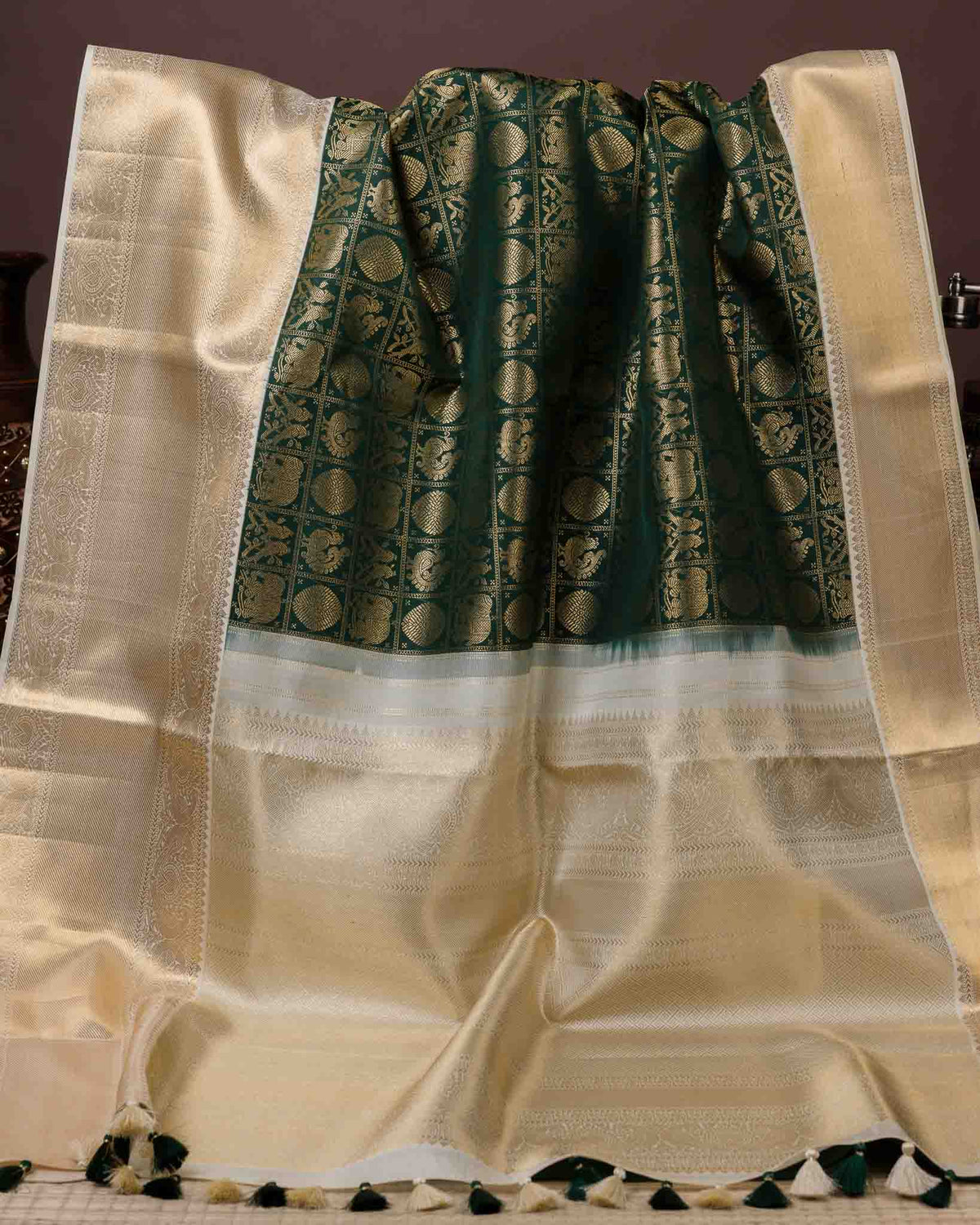 Classic Half-White & Green 1gm Kanjivaram with Maggam Blouse